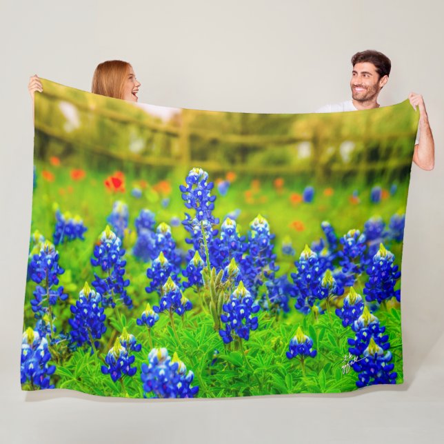 Couverture Polaire Fleurs Bleues Élégantes Texas Bluebonnets Moderne (En situation)