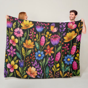 Couverture Polaire Fleurs Colorées et Vibrantes sur Fond Noir
