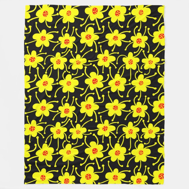 Couverture Polaire Fleurs concurrentes - Jaune et rouge sur noir (Devant)