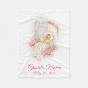 Couverture Polaire Fleurs croisées de rose de bébé de baptême