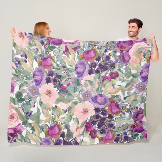 Couverture Polaire Fleurs d'aquarelle violet rose Boho (En situation)
