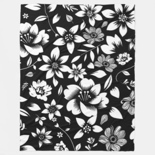 Couverture Polaire Fleurs de feuilles florales modernes noir blanc qu