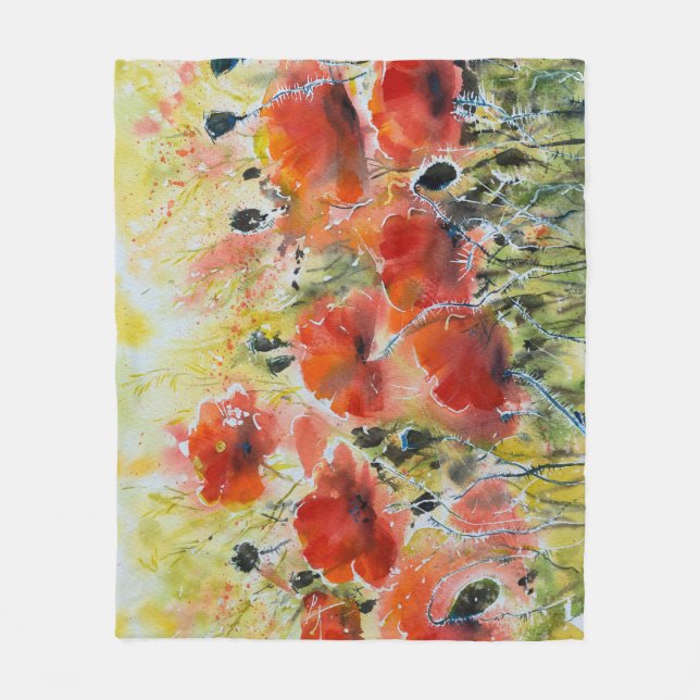Couverture Polaire Fleurs de pavot rouge, aquarelle douce. (Devant)