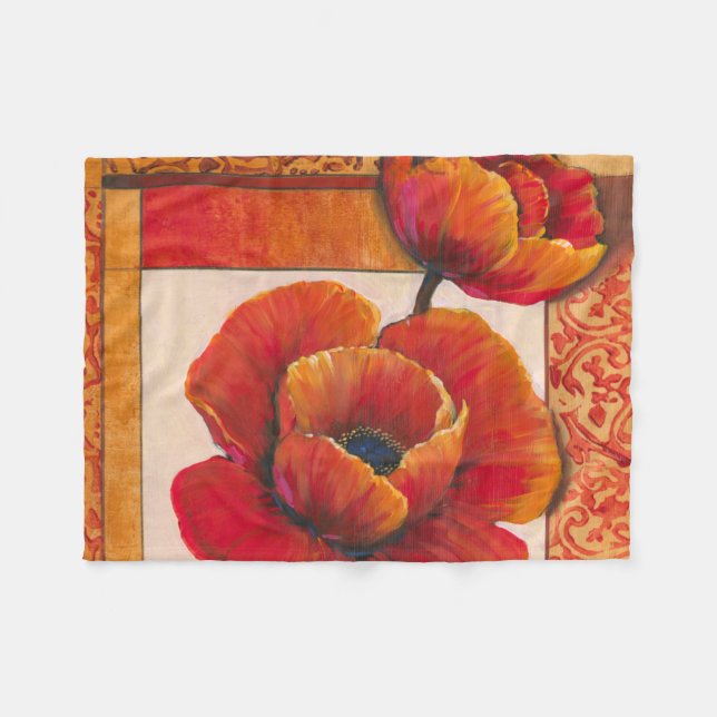 Couverture Polaire Fleurs de pavot sur Tan et Arrière - plan orange (Devant (Horizontal))