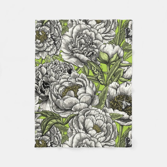 Couverture Polaire Fleurs de pivoines blanches et moisissures (Devant)