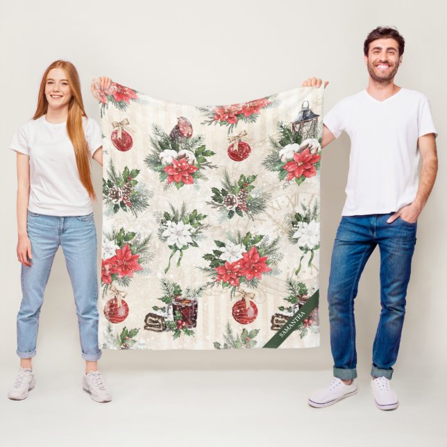 Couverture Polaire Fleurs de poinsettie rouge et blanche de Noël clas (En situation)