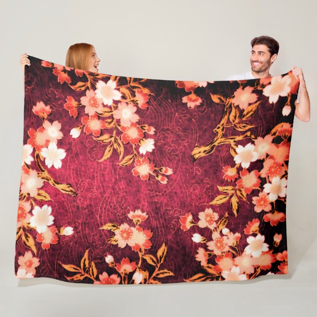 COUVERTURE POLAIRE FLEURS DE PRINTEMPS ROUGE ROSE BLANC, FLORALES ROU (En situation)