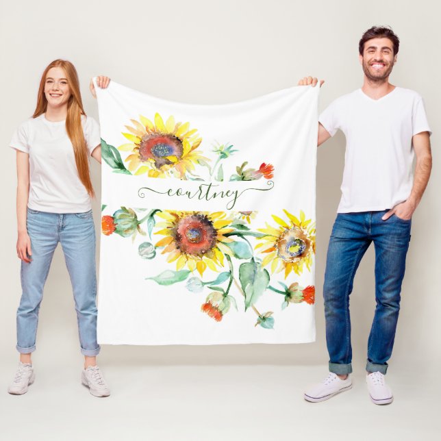 Couverture Polaire Fleurs de soleil aquarelles personnalisées (En situation)