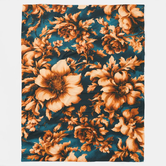 Couverture Polaire Fleurs d'or luxueuses, Feuilles sur Bleu (Devant)