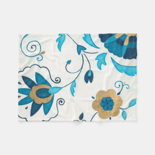 Couverture Polaire Fleurs dorées d'indigo avec l'arrière - plan blanc (Devant (Horizontal))