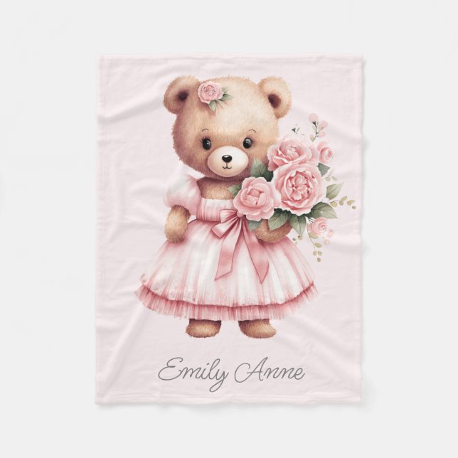 Couverture Polaire Fleurs d'ours en peluche rose Nom de l'enfant (Devant)