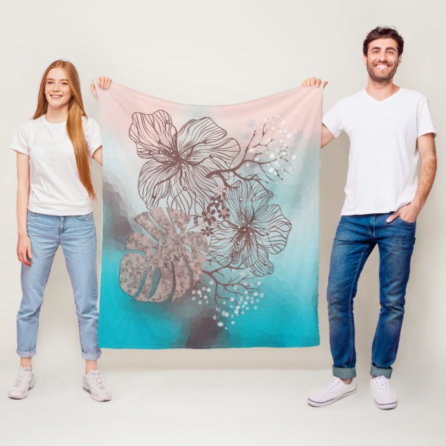 Couverture Polaire Fleurs esquissées Abstraites gradient fleuri feuil (En situation)