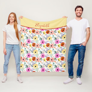 Couverture Polaire Fleurs et feuillage rose, rouge et jaune avec mono