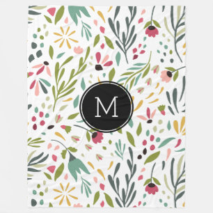 Couverture Polaire Fleurs et feuilles végétales colorées monogrammes