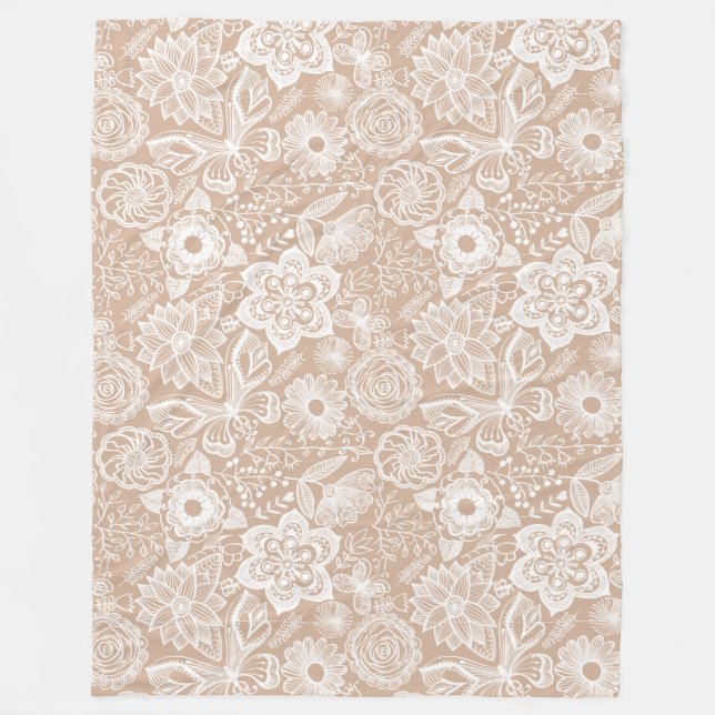 Couverture Polaire Fleurs Et Papillons Rétro Tan Et Blanc (Devant)