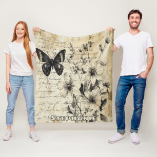 Couverture Polaire Fleurs et papillons rustiques - Papier vieilli (1)