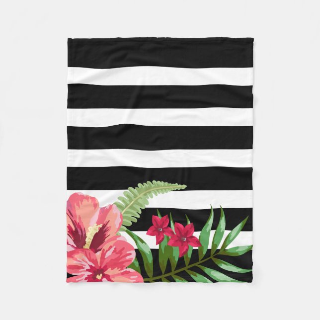 Couverture Polaire Fleurs Et Rayures Noires Et Blanches Horizontales (Devant)