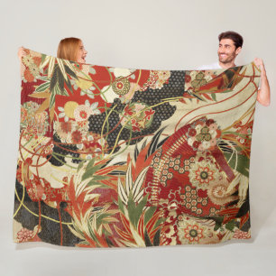 Couverture Polaire FLEURS JAPONAISES ANCIENNES Rouge Vert Noir Floral