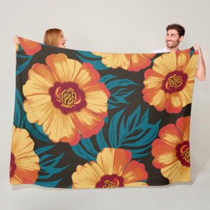 Couverture Polaire Fleurs jaune or et rouge avec Feuilles Turquoises