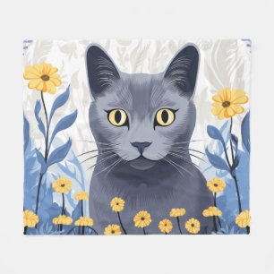 Couverture Polaire Fleurs Jaunes Chat Bleu Russe