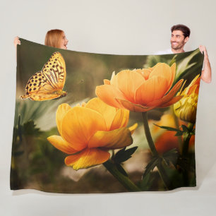 Couverture Polaire Fleurs Jaunes Profondes et Lumineuses avec Papillo