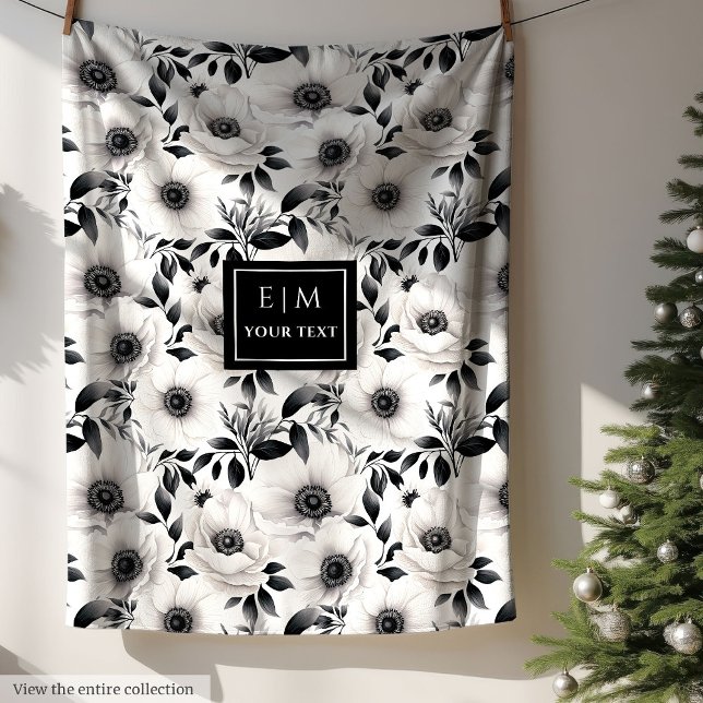 Couverture Polaire Fleurs noires et blanches opulentes neutres simple (Opulent black and white flowers neutral simple Fleece Blanket)
