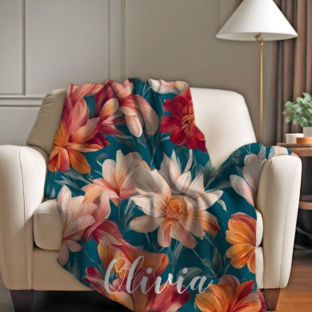 Couverture Polaire Fleurs Nom complet Blanche en polaire (Flowers All-Over Name Fleece Blanket)
