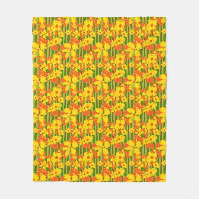 Couverture Polaire Fleurs orange jaune rétro des années 1970 (Devant)