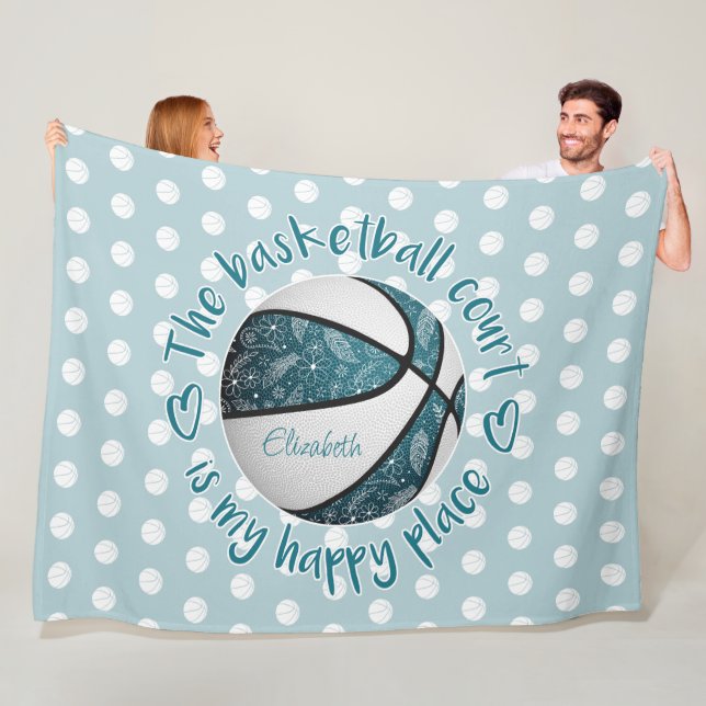 Couverture Polaire fleurs plumes terrain de basket turquoise heureux  (En situation)