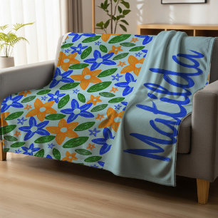 Couverture Polaire Fleurs Rétro Personnalisées Bleu & Orange 