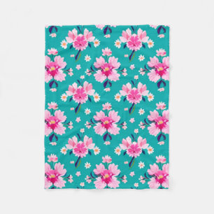 Couverture Polaire Fleurs roses et feuilles sur fond sarcelle