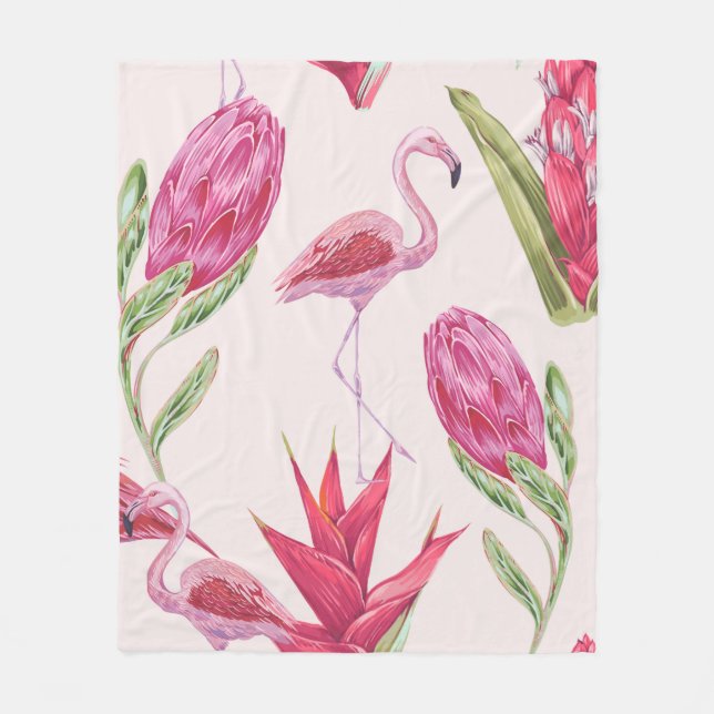 Couverture Polaire Fleurs roses tropicales, protéa, oiseau de paradis (Devant)