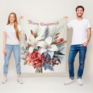 Couverture Polaire Fleurs Rouges Blanches de Noël Fêtes Élégantes