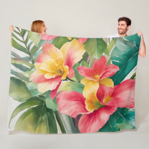 Couverture Polaire Fleurs tropicales roses et feuillage