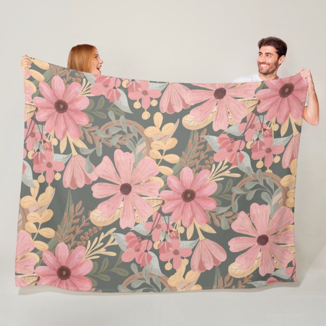 Couverture Polaire Fleurs vertes rose Sage Laisser Motif Aquarelle (En situation)