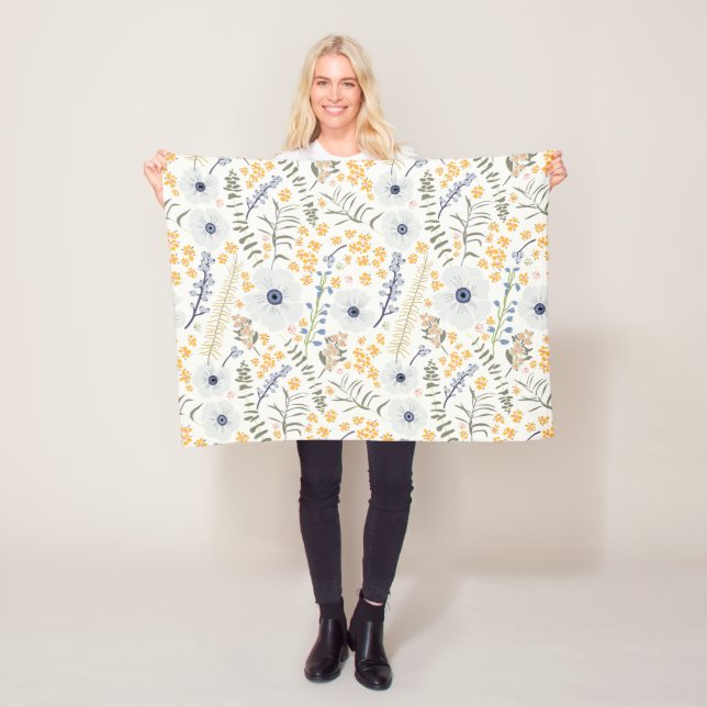 Couverture Polaire Fleurs Whimsical Jaunes Bleu Printemps (En situation)