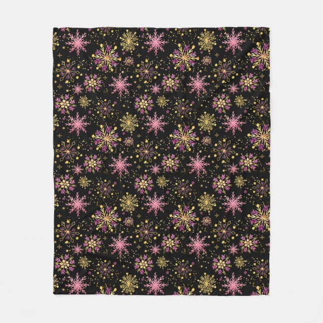 Couverture Polaire Flocons de neige d'hiver en or et noir (Devant)