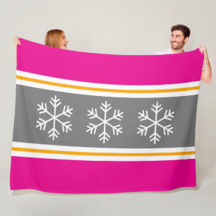 Couverture Polaire Flocons de neige festifs rose gris jaune blanc ray