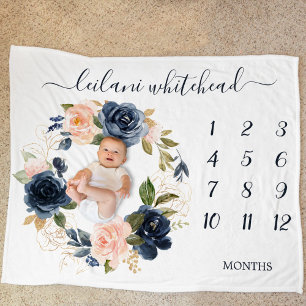 Couverture Polaire Floral Baby Mois Milestone Blush Navy Baby