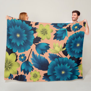 Couverture Polaire Floral bleu et jaune sur Arrière - plan de pêche