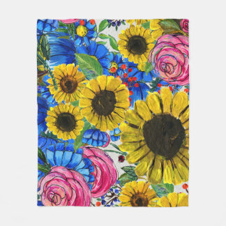 Couverture Polaire Floral bleu jaune rose sans joint