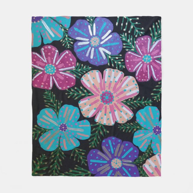 Couverture Polaire Floral bohème coloré sur noir (Devant)
