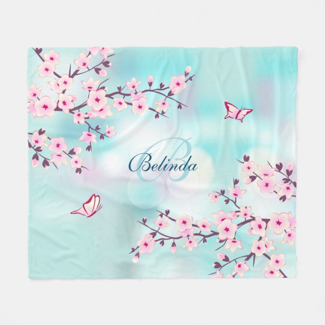 Couverture Polaire Floral Fleurs de cerise rose Turquoise Monogramme (Devant (Horizontal))