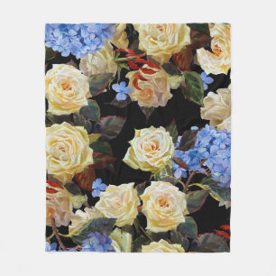 Couverture Polaire Floral motif moderne, roses blanches, hydrangée bl