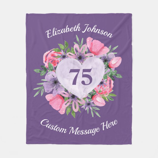 Couverture Polaire Floral violet 75e Anniversaire blanc pour femmes (Devant)