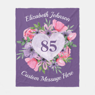 Couverture Polaire Floral violet 85e Anniversaire blanc pour femmes