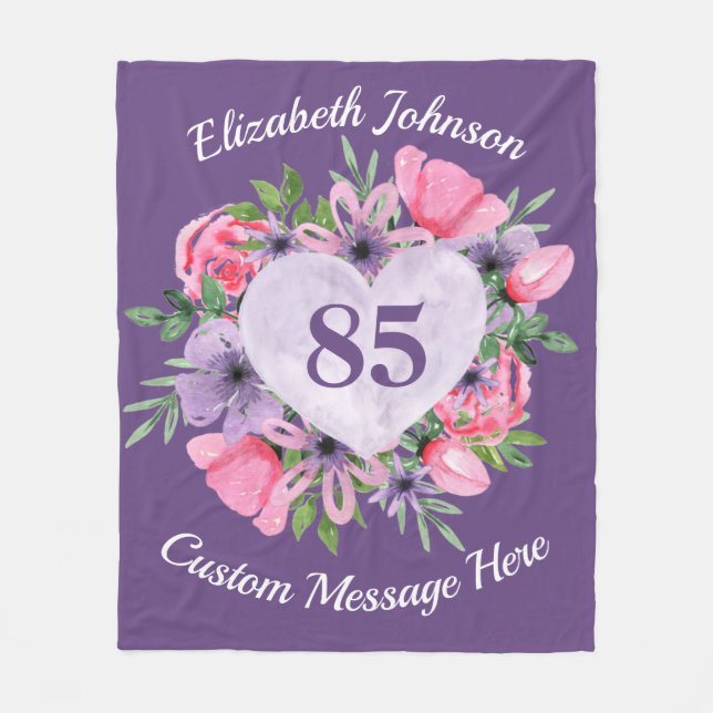 Couverture Polaire Floral violet 85e Anniversaire blanc pour femmes (Devant)