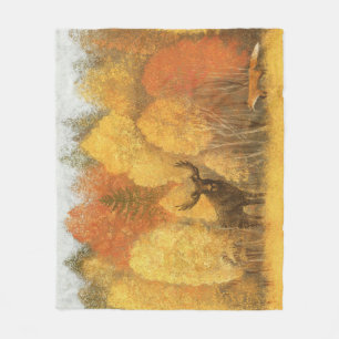 Couverture Polaire Forêt d'automne, cerf numérique et renard.