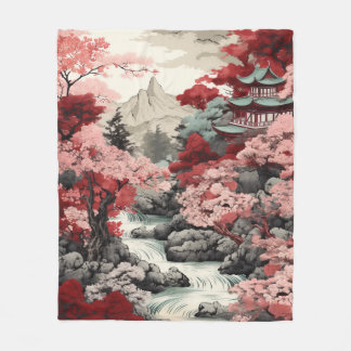 Couverture Polaire Forêt japonaise en fleurs de cerisier Blanche