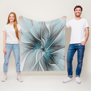 Couverture Polaire Fractal Floral Moderne Abstrait Fleur Bleu Gris